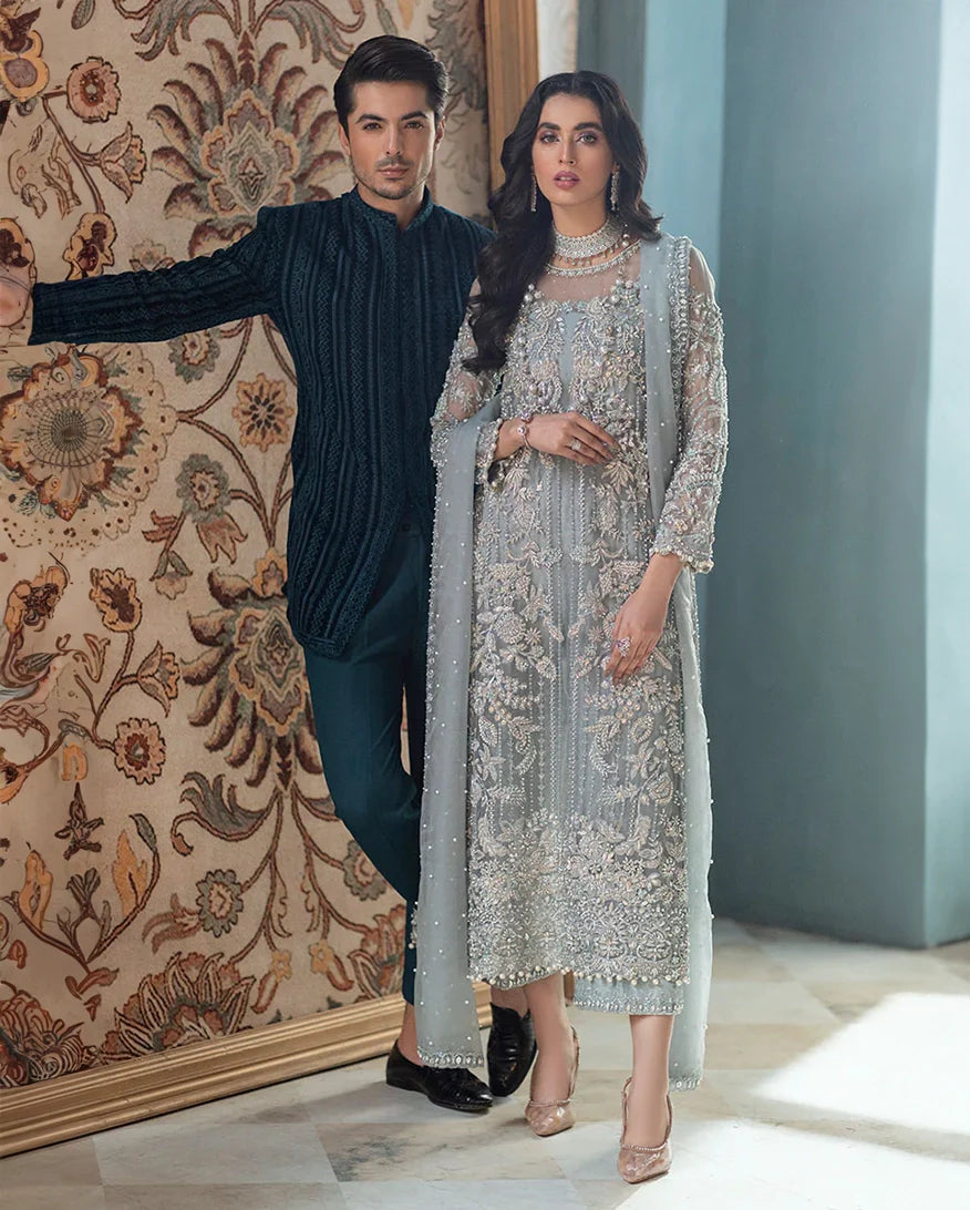 Women Wearing Adela (3 Piece) Ice Blue Long Shirt for Formal Events - Pakistani Designer Wear for Women in UK | Kifat