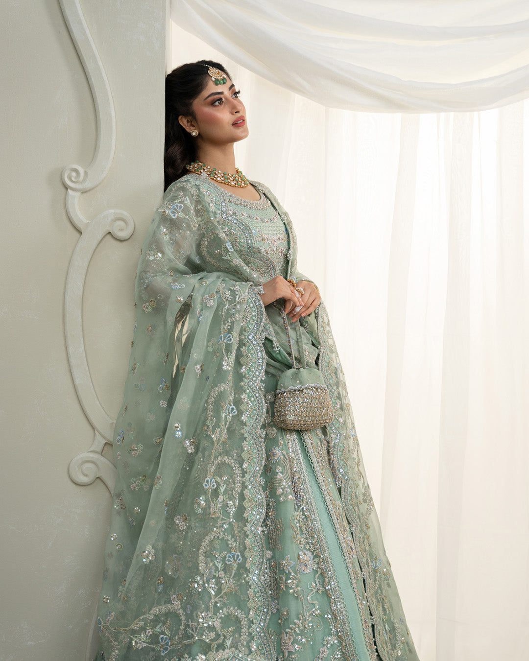 Model Wearing Faiza Saqlain Selin Mint Green Shirt with Lehnga for wedding wear - Pakistani Designer Wear for Women in UK | Kifat