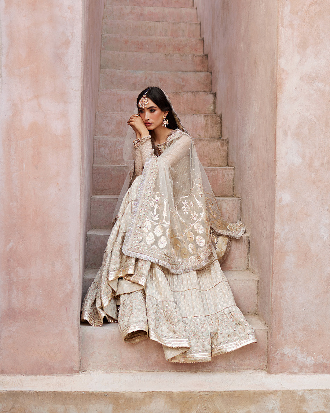 Model Wearing Faiza Saqlain Kaia Off-White Shirt with Gharara for wedding wear - Pakistani Designer Wear for Women in UK | Kifat