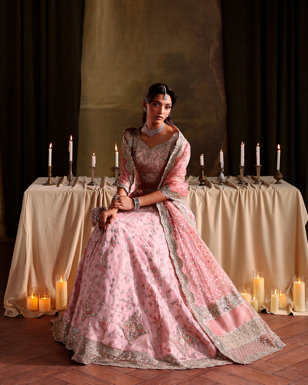 Model Wearing Faiza Saqlain Vanna Dusty Pink Shirt with Lehnga for wedding wear - Pakistani Designer Wear for Women in UK | Kifat