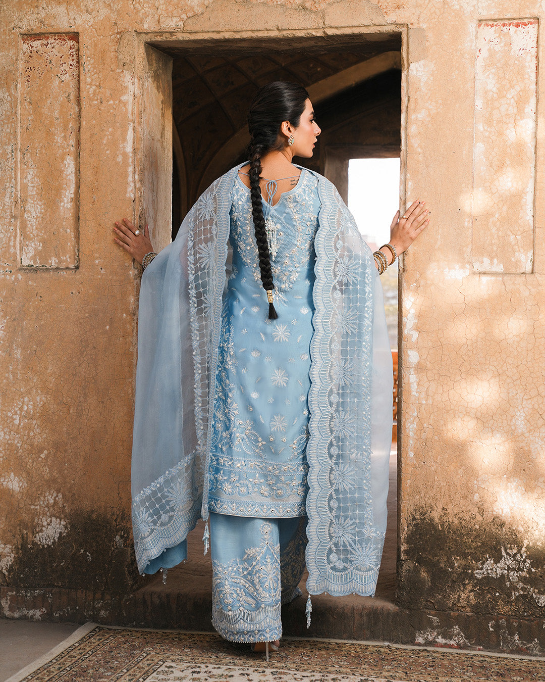 Model Wearing Faiza Saqlain Yulia Ice Blue Shirt with Culottes for formal events wear - Pakistani Designer Wear for Women in UK | Kifat