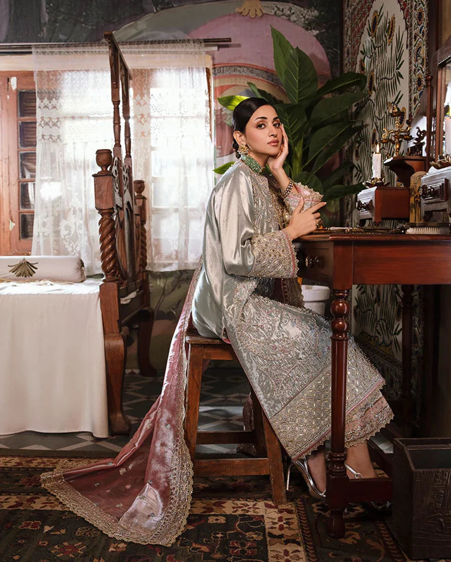 Women Wearing Amaya Aqua Silver Long Shirt for Formal Events - Pakistani Designer Wear for Women in UK | Kifat
