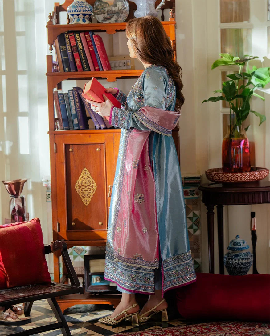 Women Wearing Neelam Blue Long Shirt for Formal Events - Pakistani Designer Wear for Women in UK | Kifat