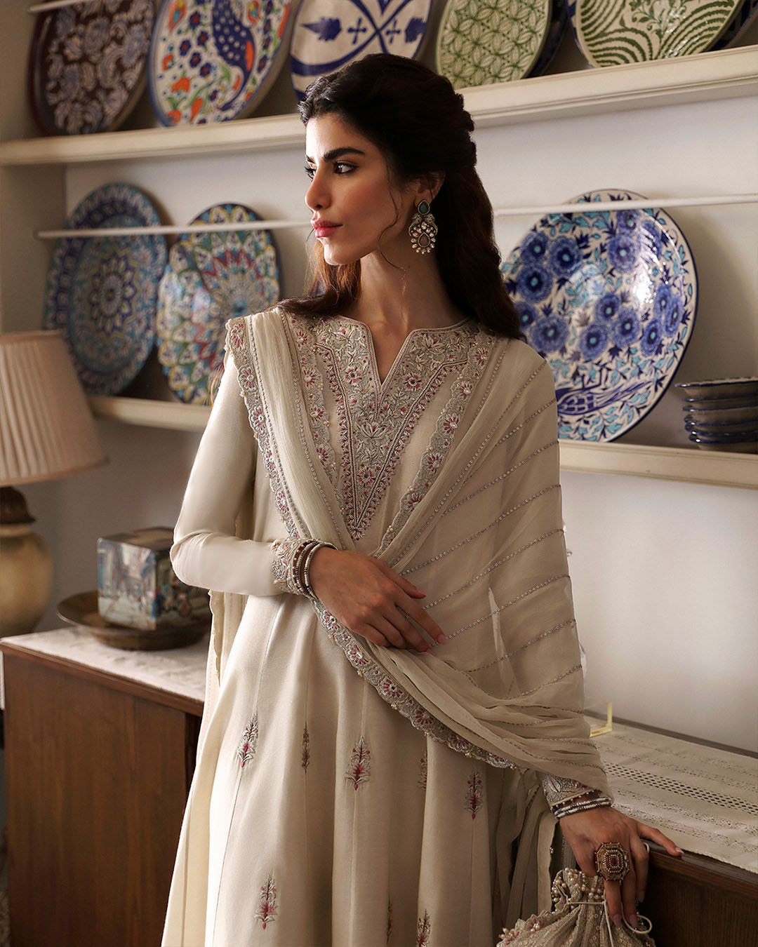 Model Wearing Faiza Saqlain Sabina Ivory Shirt with Culottes for formal events wear - Pakistani Designer Wear for Women in UK | Kifat