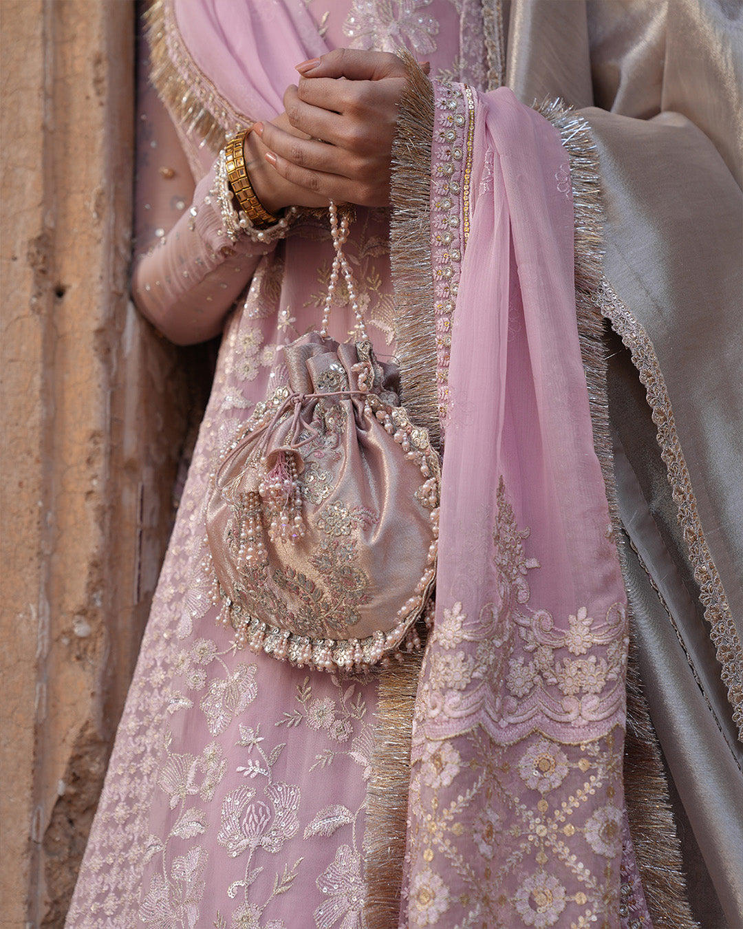 Model Wearing Faiza Saqlain Vemita Candy Floss Shirt with Sharara for wedding wear - Pakistani Designer Wear for Women in UK | Kifat