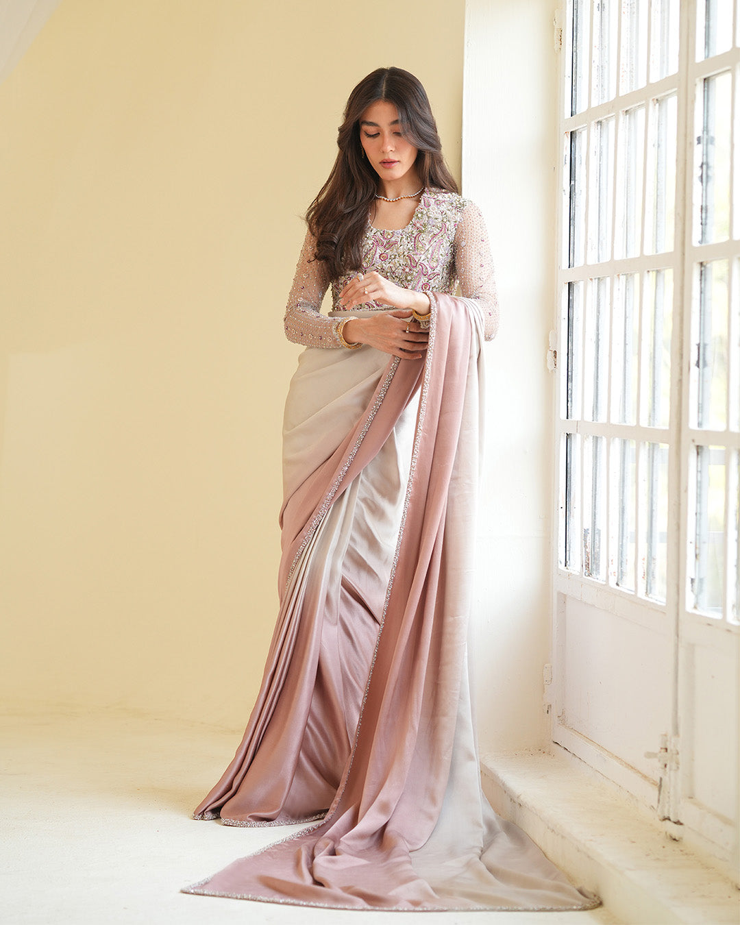Model Wearing Faiza Saqlain Zoia Ombre Pink Saree for wedding wear - Pakistani Designer Wear for Women in UK | Kifat