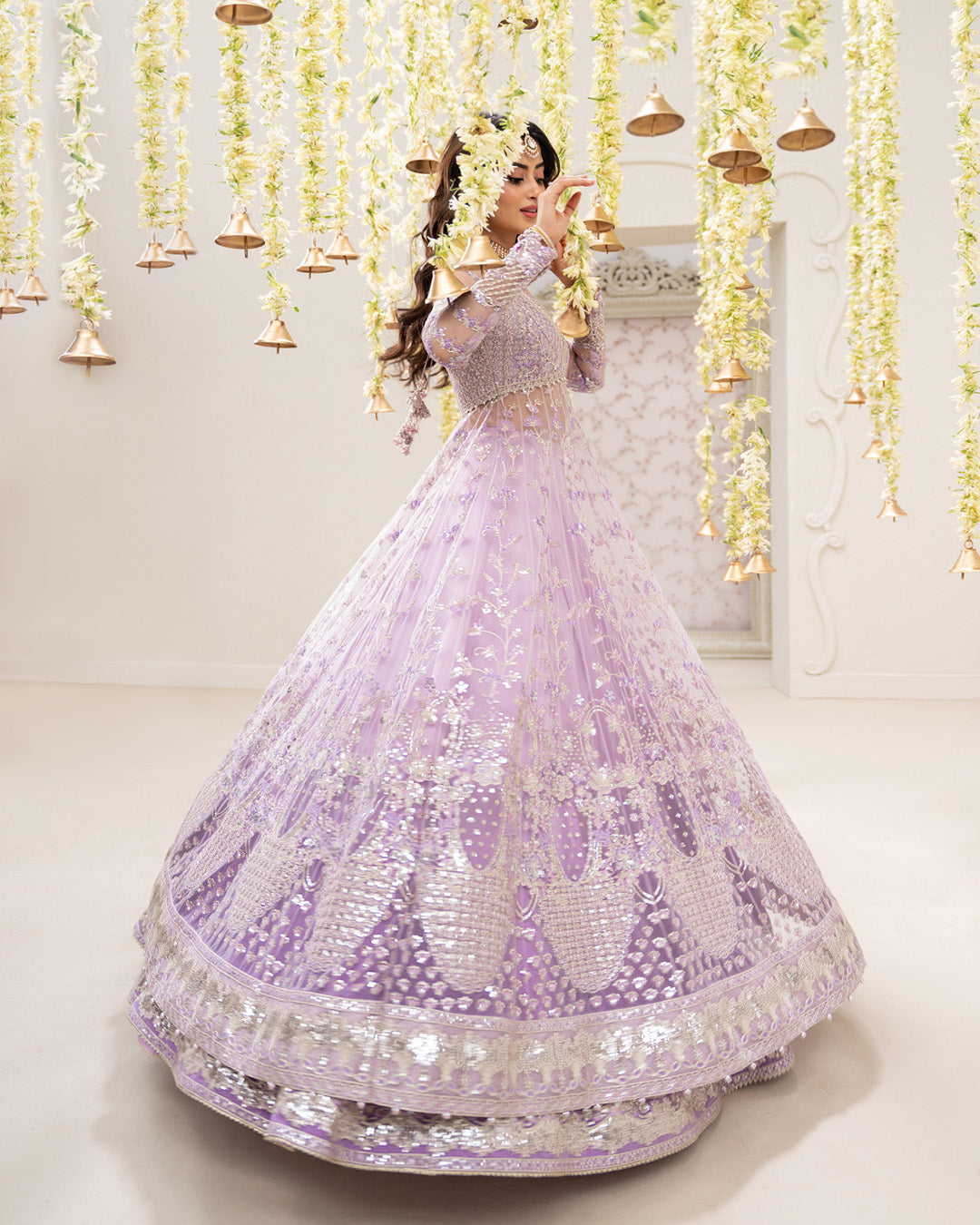 Model Wearing Faiza Saqlain Pinar Lilac Jacket Shirt with Lehnga for wedding wear - Pakistani Designer Wear for Women in UK | Kifat