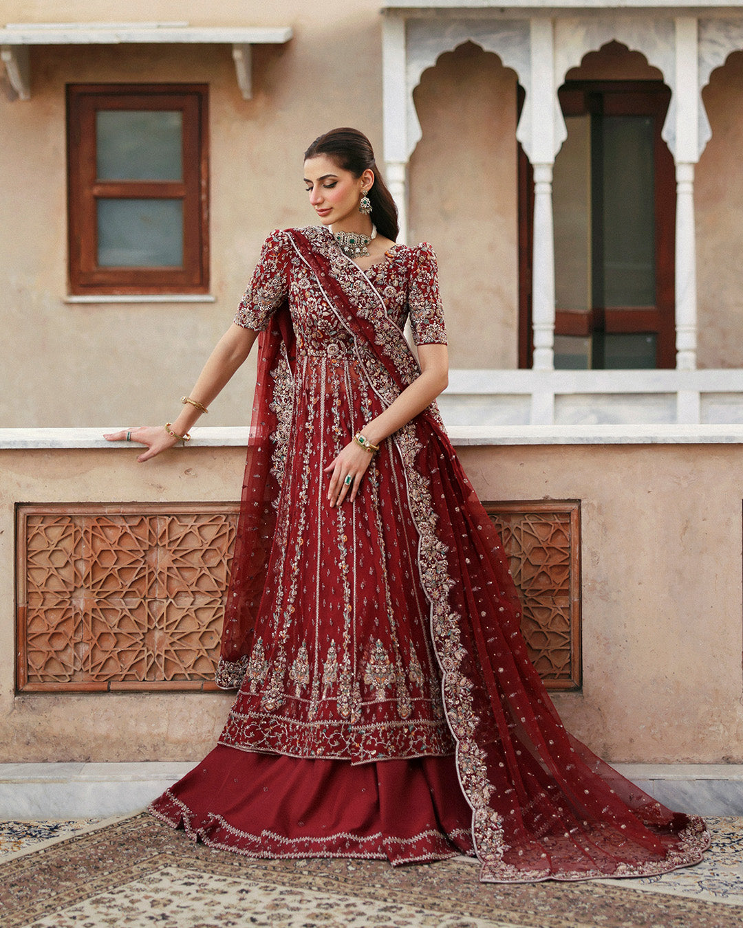 Model Wearing Faiza Saqlain Zelia Red Kalidaar for wedding wear - Pakistani Designer Wear for Women in UK | Kifat