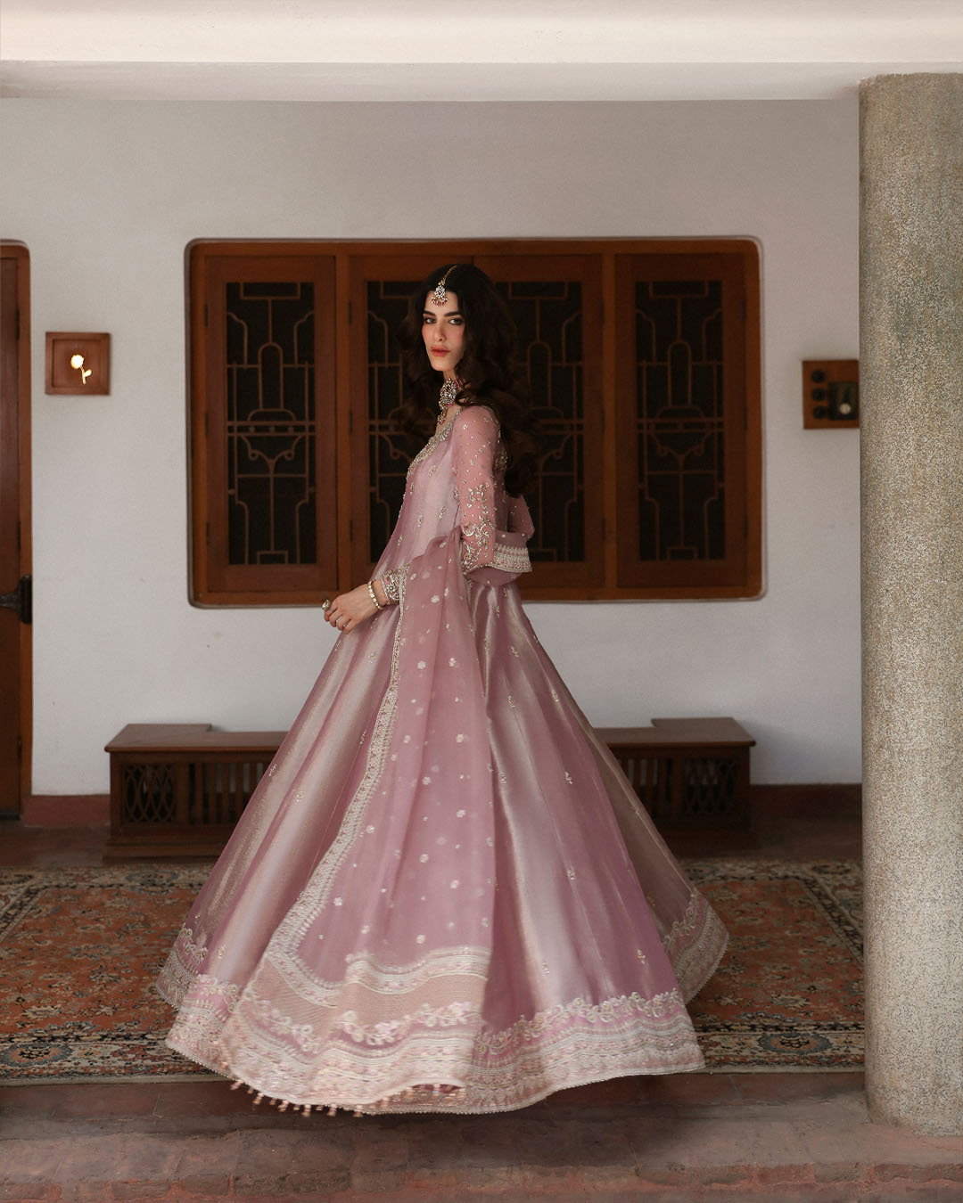 Model Wearing Faiza Saqlain Halina Seashell Pink Pishwas with Churidaar for wedding wear - Pakistani Designer Wear for Women in UK | Kifat