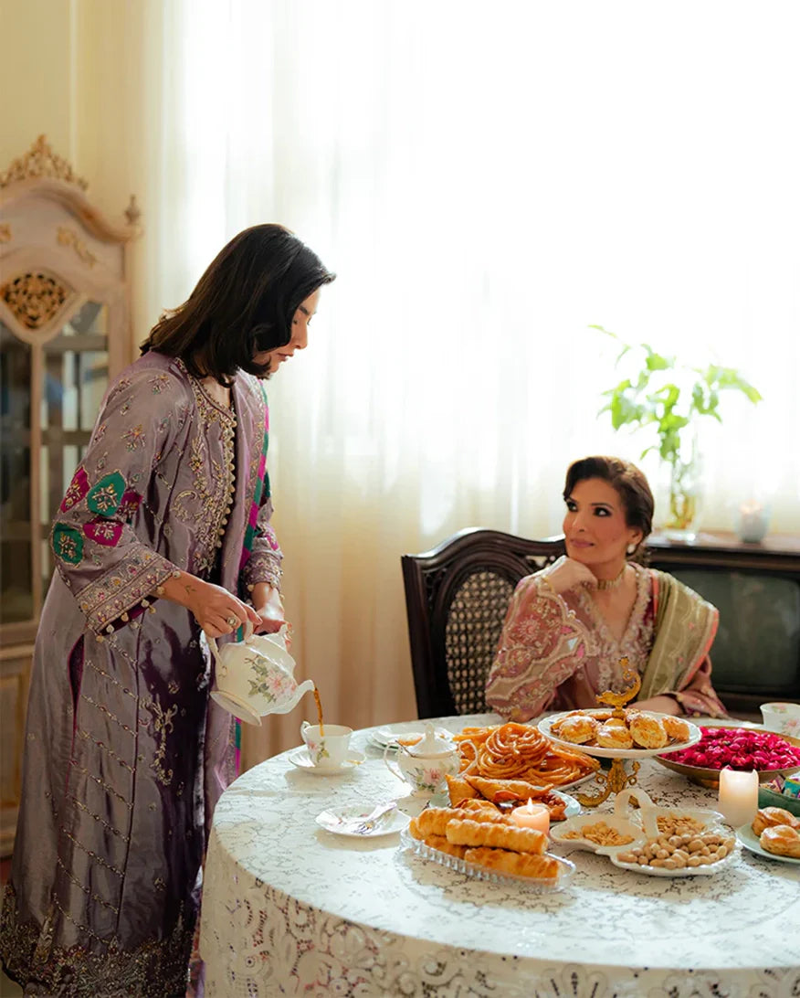 Women Wearing Aaidah Lavender Long Shirt for Formal Events - Pakistani Designer Wear for Women in UK | Kifat