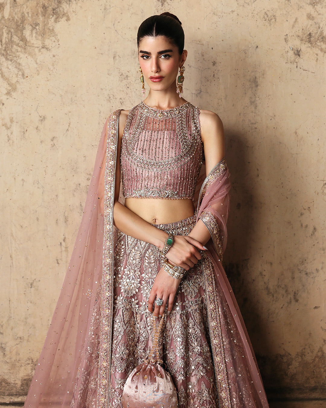 Model Wearing Faiza Saqlain Prenia Dusty Rose Lehnga Choli for wedding wear - Pakistani Designer Wear for Women in UK | Kifat
