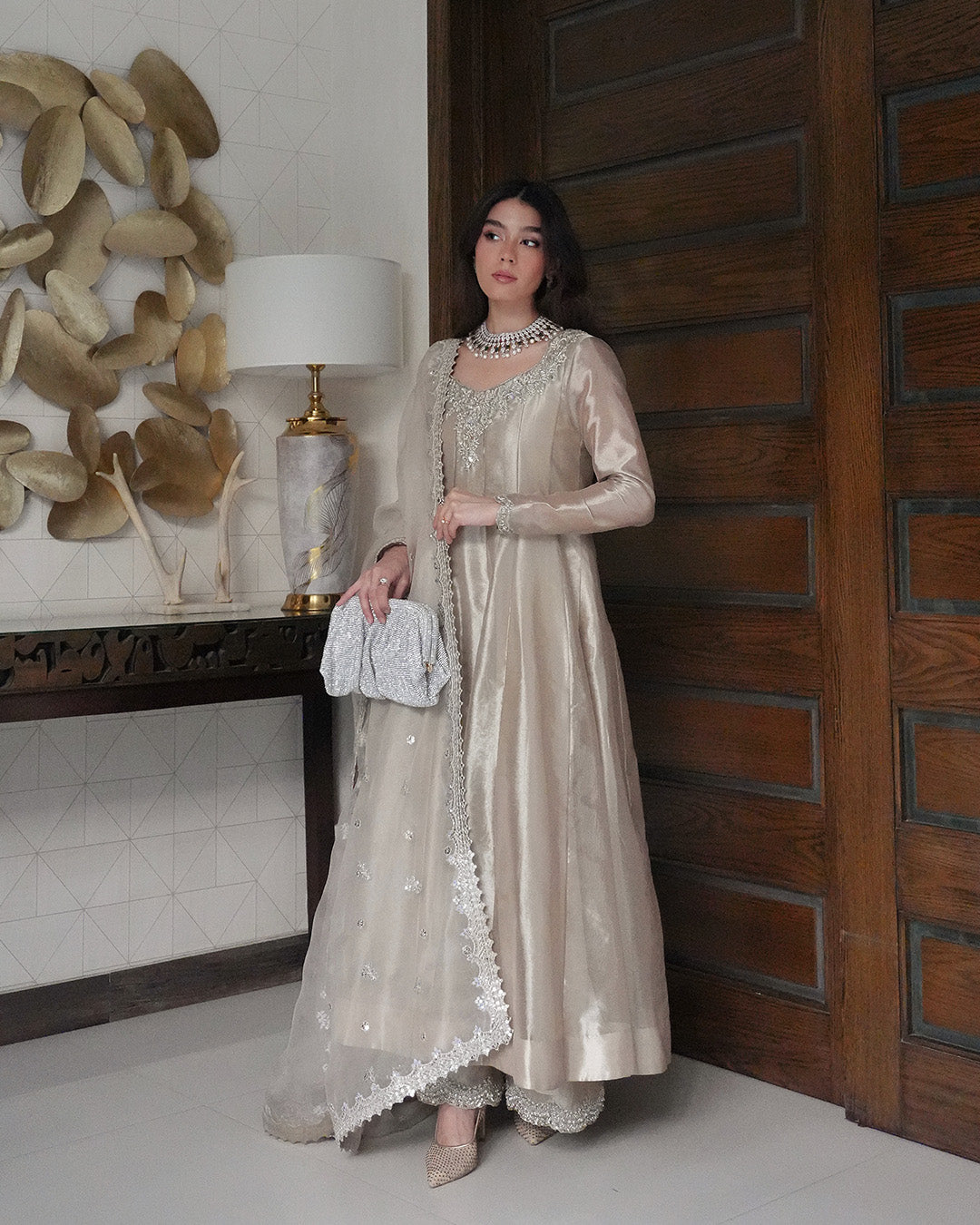 Model Wearing Faiza Saqlain Joella Ivory Gold Kalidaar for wedding wear - Pakistani Designer Wear for Women in UK | Kifat