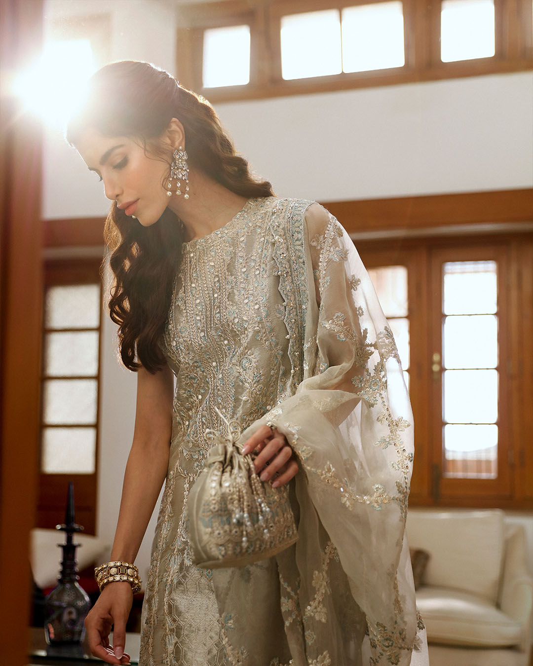 Model Wearing Faiza Saqlain Damaris Light Stone Gray Shirt with Trouser for formal events wear - Pakistani Designer Wear for Women in UK | Kifat