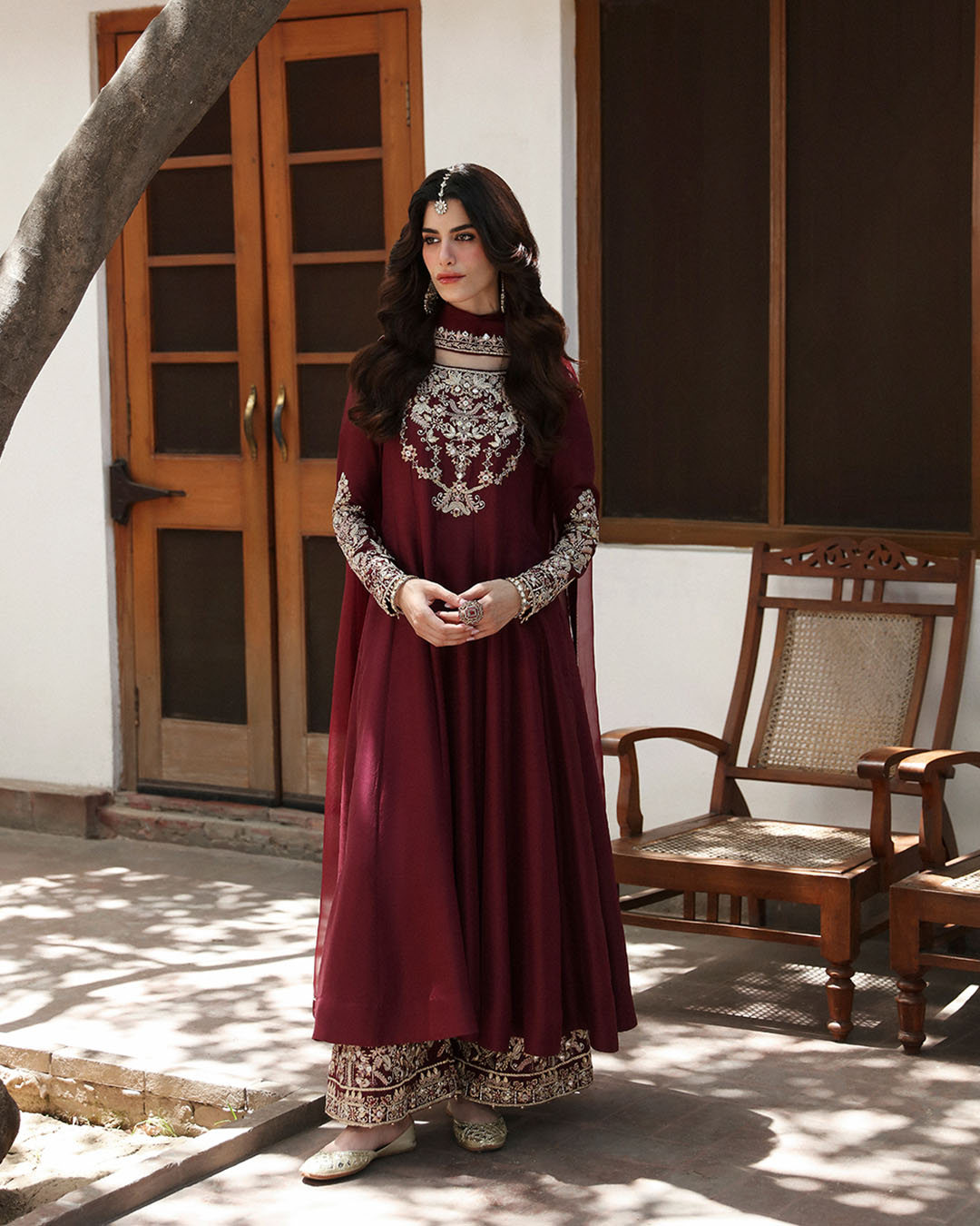 Model Wearing Faiza Saqlain Norine Maroon Shirt with Culottes for formal events wear - Pakistani Designer Wear for Women in UK | Kifat