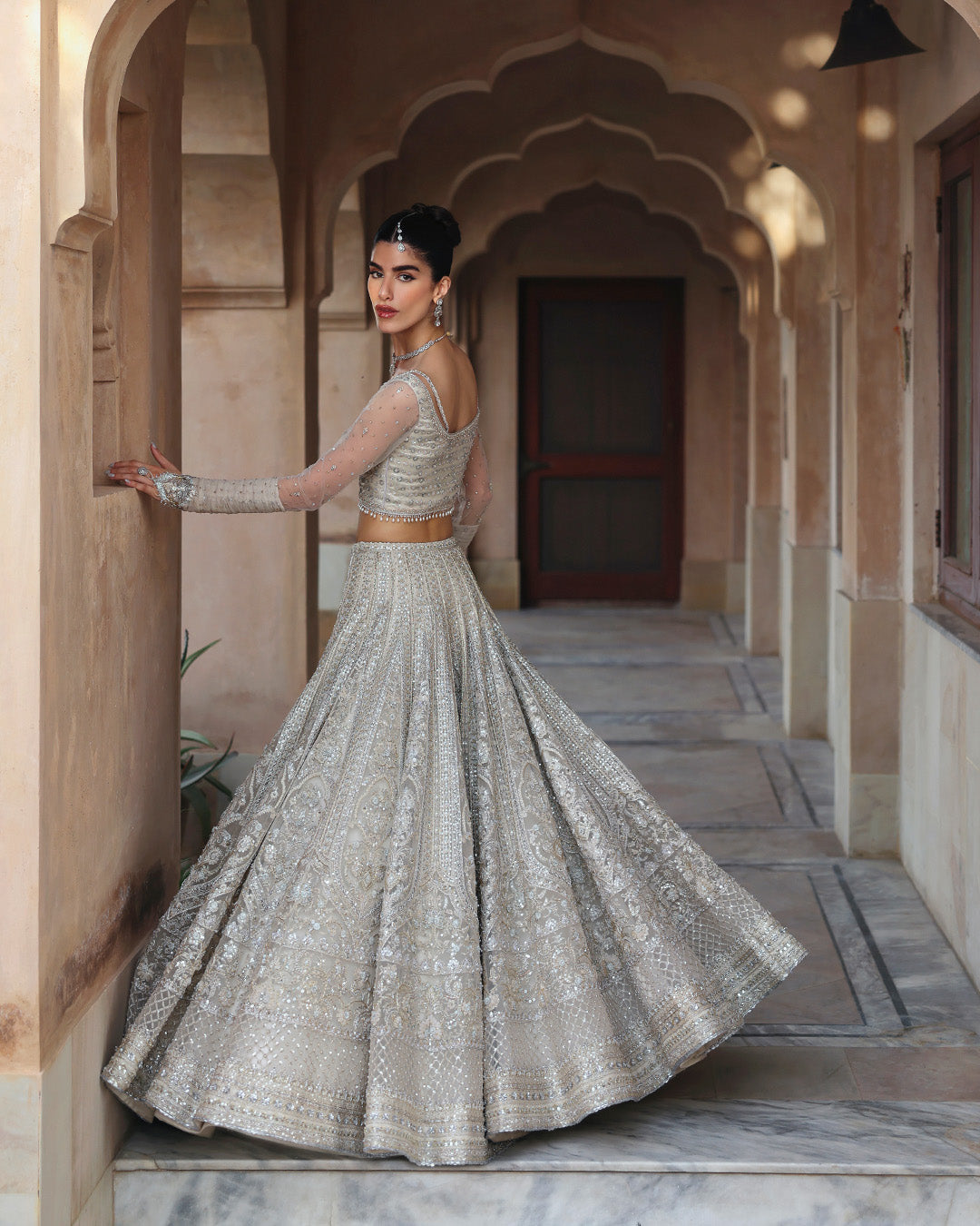 Model Wearing Faiza Saqlain Cammi White Lehnga Choli for wedding wear - Pakistani Designer Wear for Women in UK | Kifat