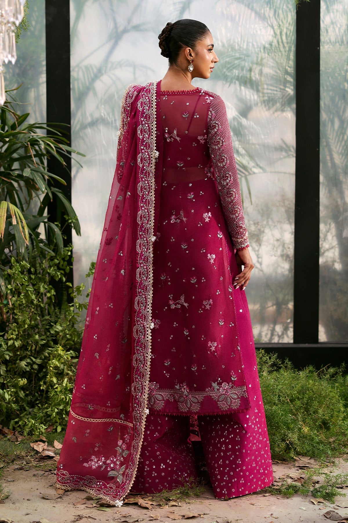 Women Wearing Rowan Pink Front Open Shirt With Sharara  For Festive Events - Pakistani Designer Wear For Women In Uk | Kifat