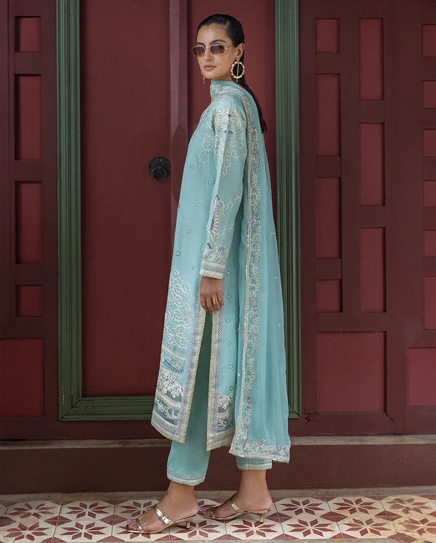 Women Wearing Freyelle Light Blue Long Shirt for Festive Events - Pakistani Designer Wear for Women in UK | Kifat