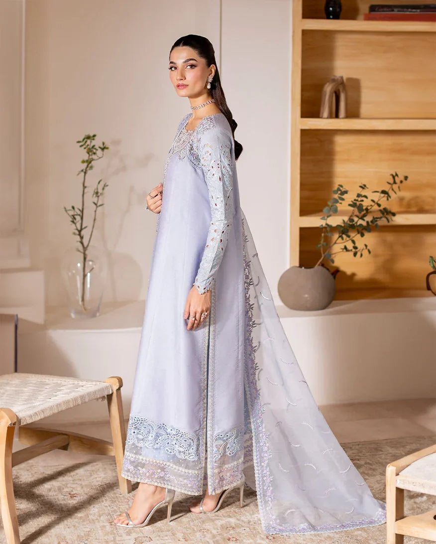 Women Wearing Verve Ice Blue Long Shirt for Luxury Events - Pakistani Designer Wear for Women in UK | Kifat