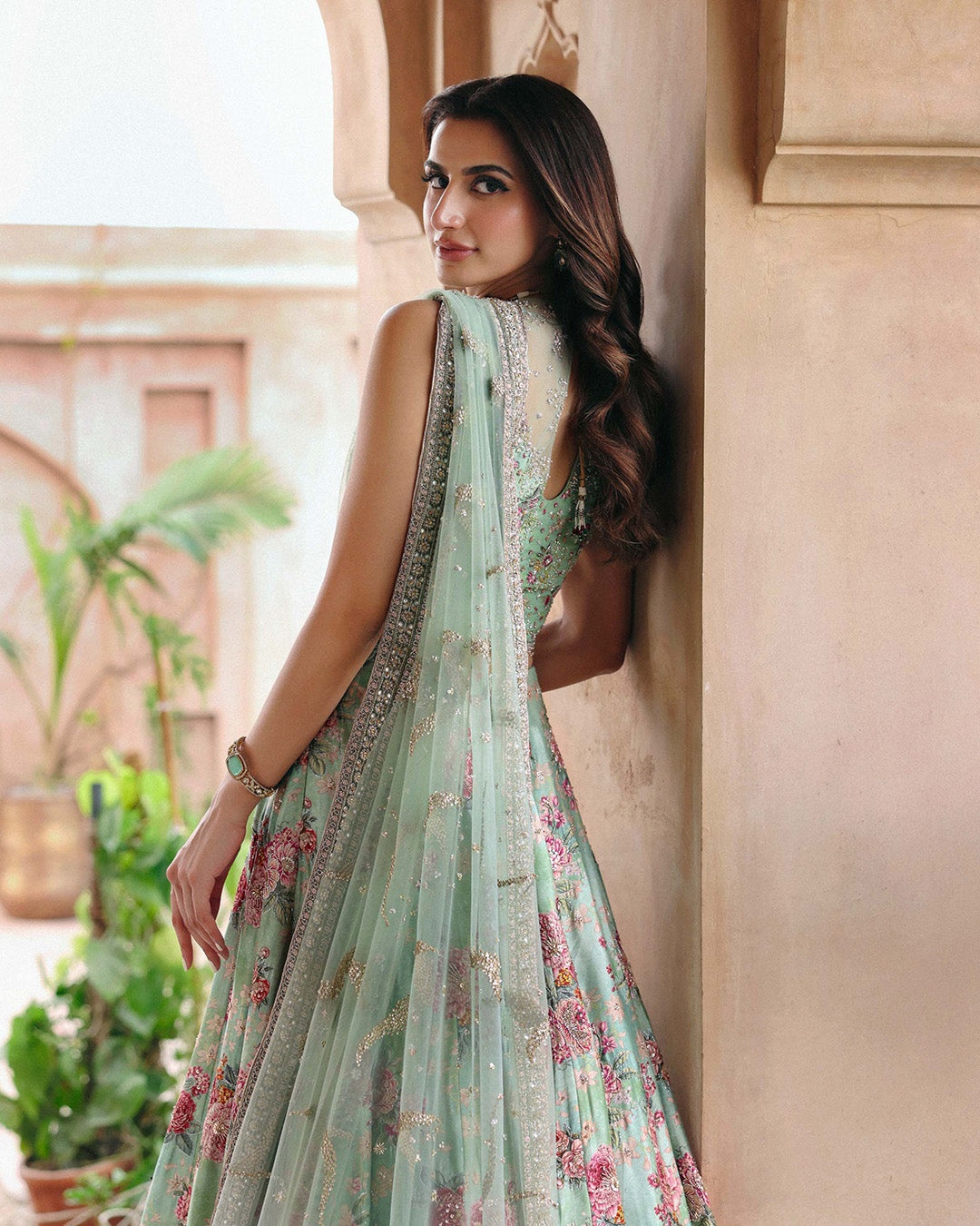 Model Wearing Faiza Saqlain Rosabelle Sea Green Lehnga Choli for wedding wear - Pakistani Designer Wear for Women in UK | Kifat