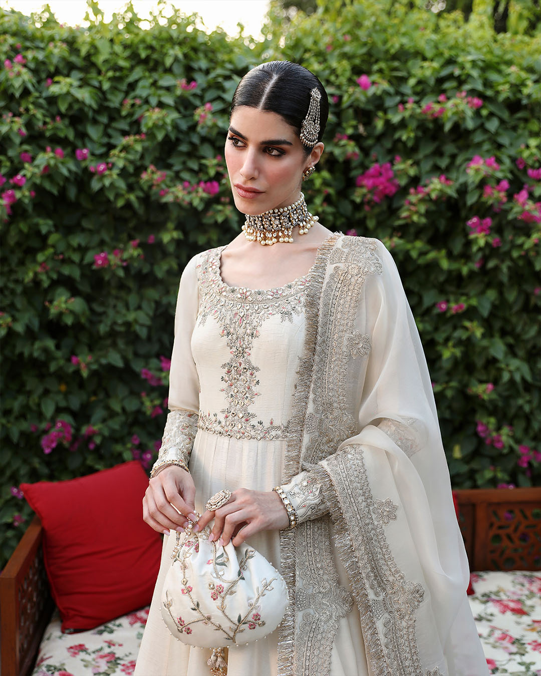 Model Wearing Faiza Saqlain Ailia Off-White Pishwas for wedding wear - Pakistani Designer Wear for Women in UK | Kifat