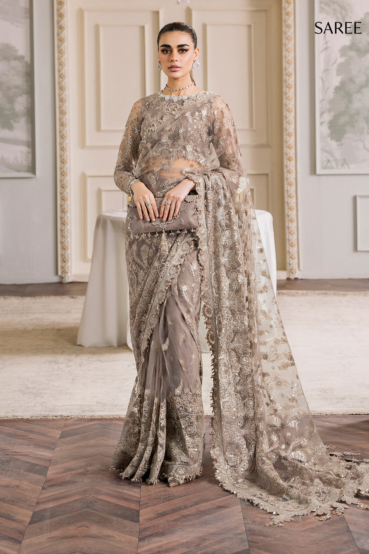 Baroque CH12-06 Beige Slit Maxi,Saree for Formal Events - Pakistani Designer Wear for Women in UK | Kifat
