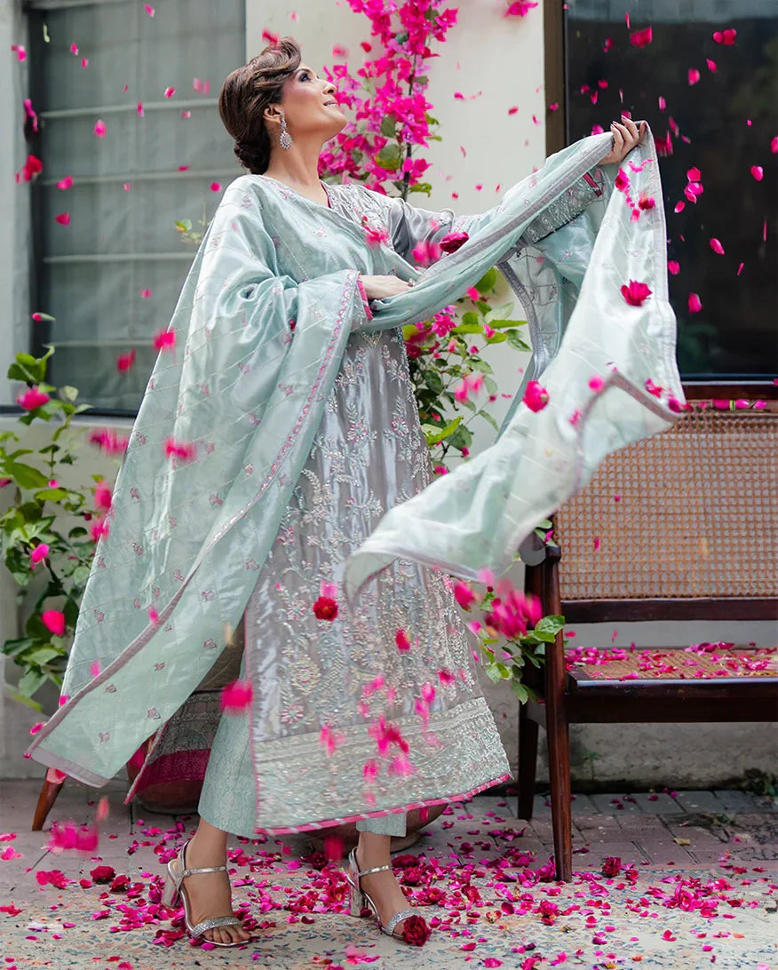 Women Wearing Resham Silver Long Shirt for Formal Events - Pakistani Designer Wear for Women in UK | Kifat