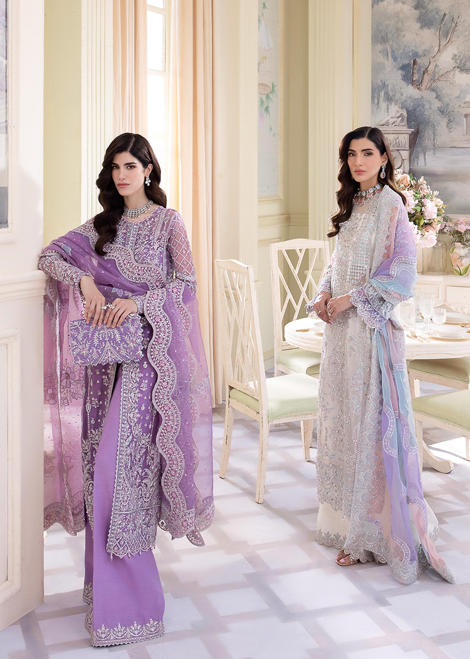 Kanwal Malik Lilac front open organza gown with flared Pants for Luxury Wedding wear - Pakistani Designer Wear for Women in UK | Kifat