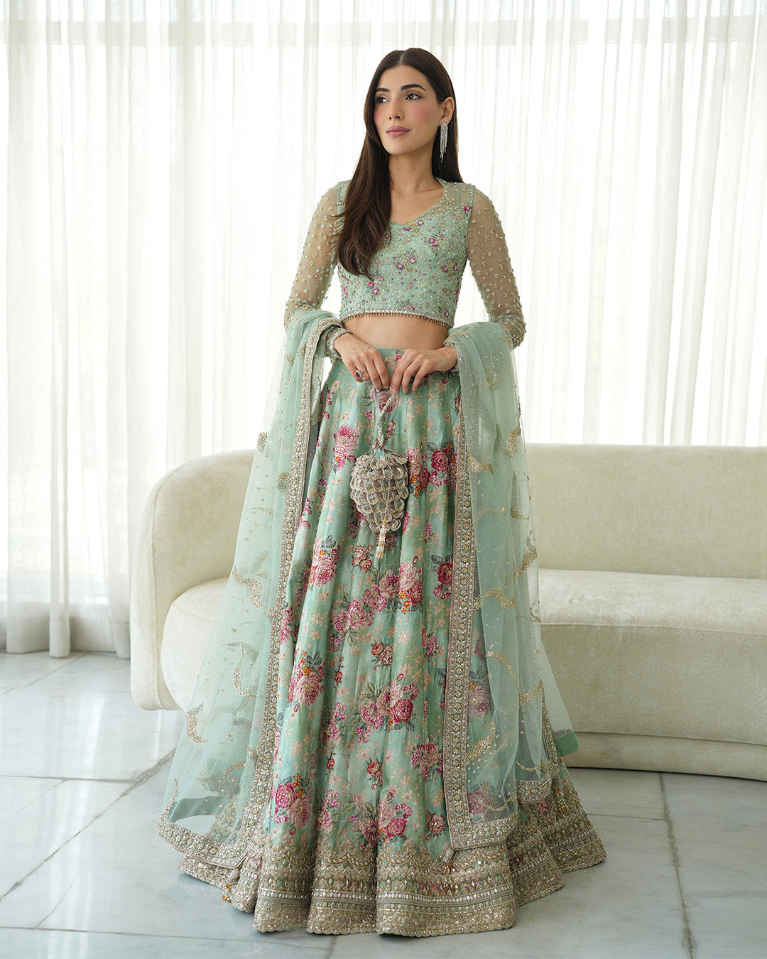Model Wearing Faiza Saqlain Rosabelle Sea Green Lehnga Choli for wedding wear - Pakistani Designer Wear for Women in UK | Kifat
