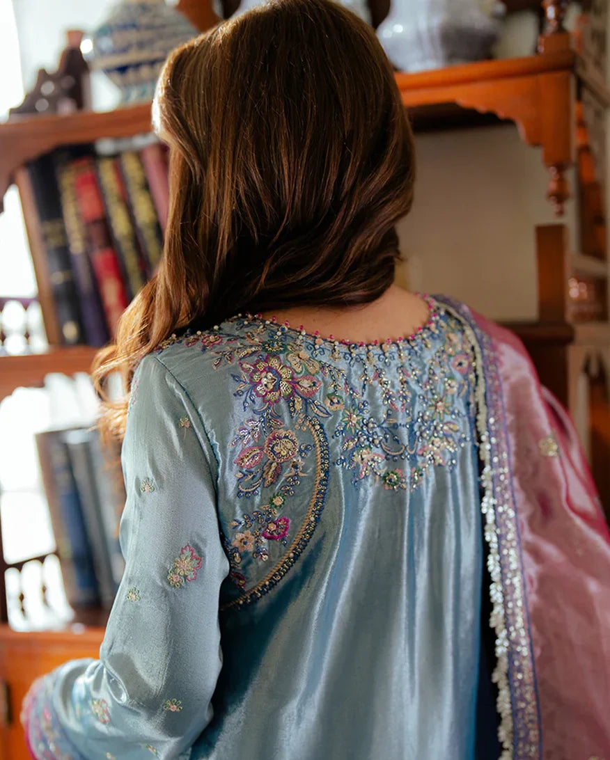 Women Wearing Neelam Blue Long Shirt for Formal Events - Pakistani Designer Wear for Women in UK | Kifat