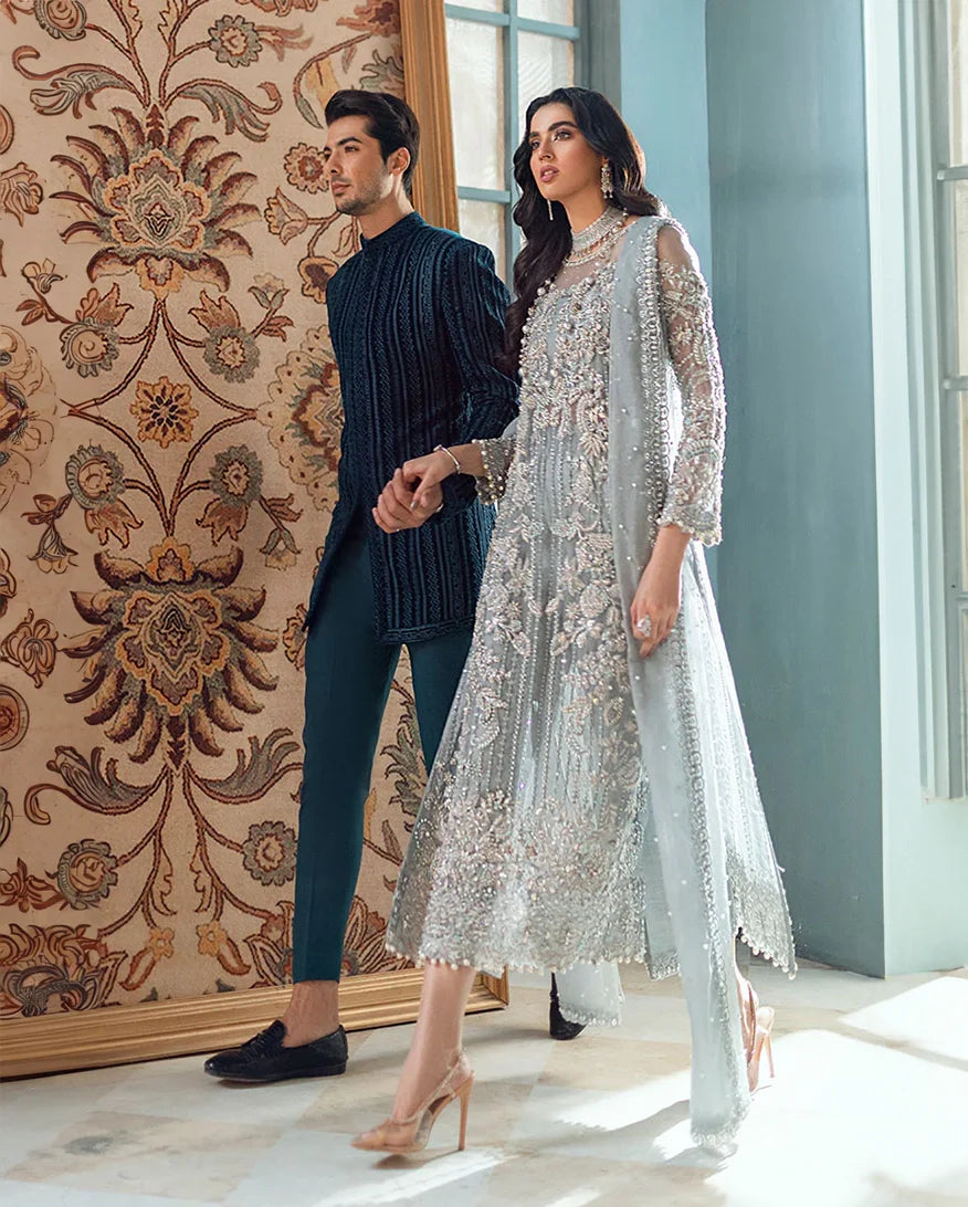 Women Wearing Adela (3 Piece) Ice Blue Long Shirt for Formal Events - Pakistani Designer Wear for Women in UK | Kifat