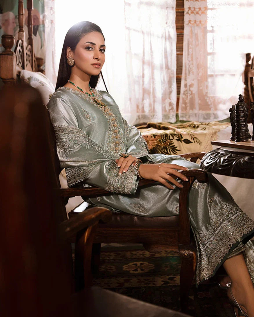 Women Wearing Heer Sea Green Silver Long Shirt for Formal Events - Pakistani Designer Wear for Women in UK | Kifat
