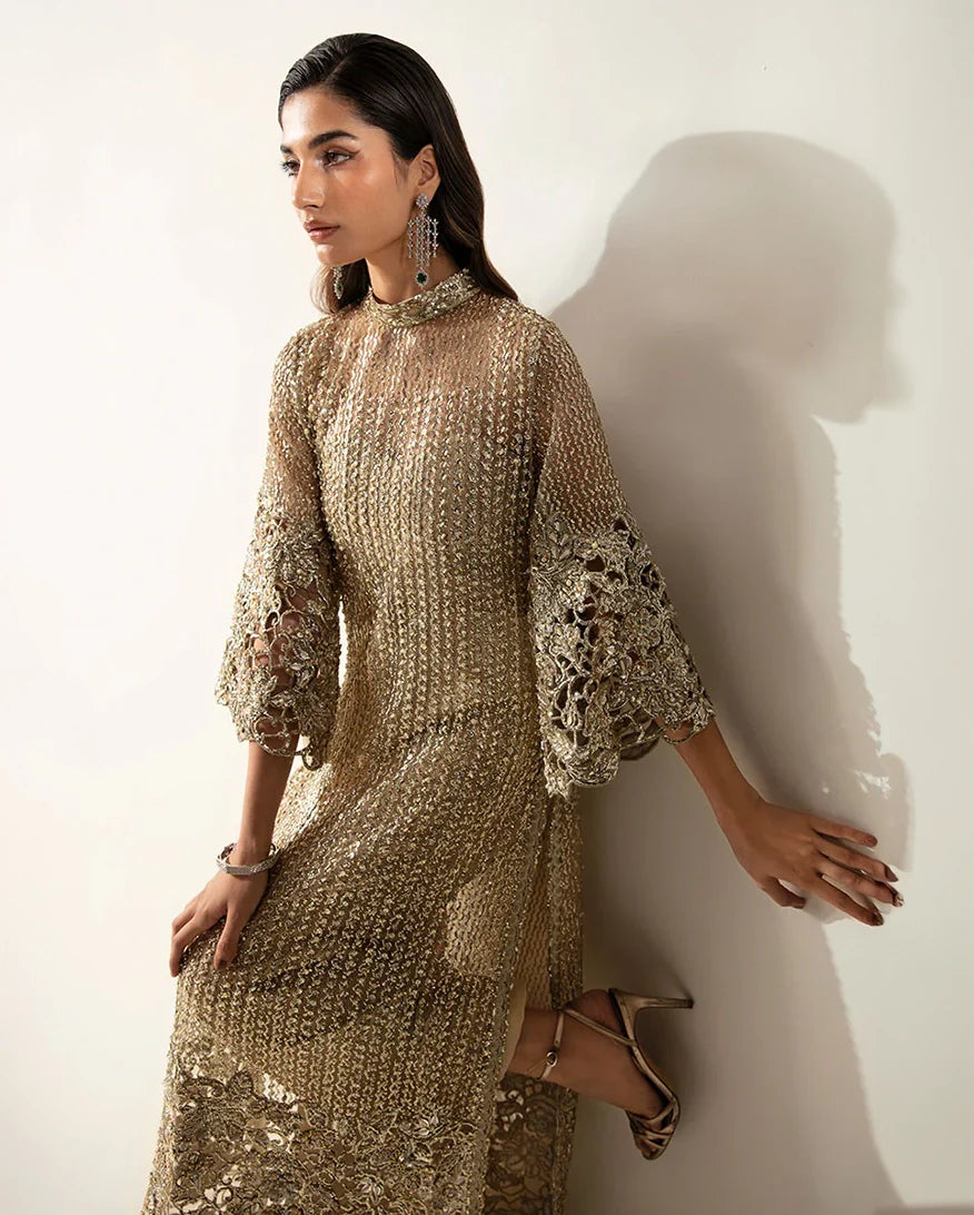 Women Wearing Eve Pale Gold Long Shirt for Festive Events - Pakistani Designer Wear for Women in UK | Kifat