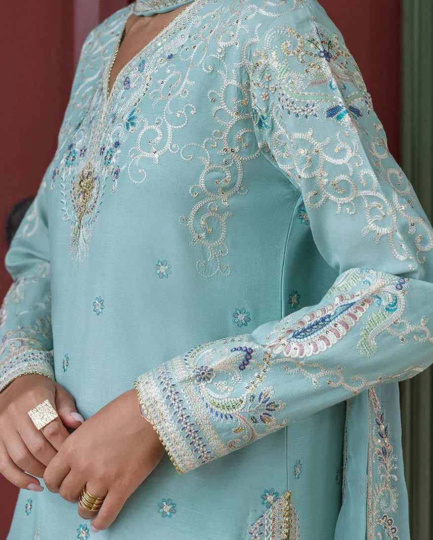 Women Wearing Freyelle Light Blue Long Shirt for Festive Events - Pakistani Designer Wear for Women in UK | Kifat