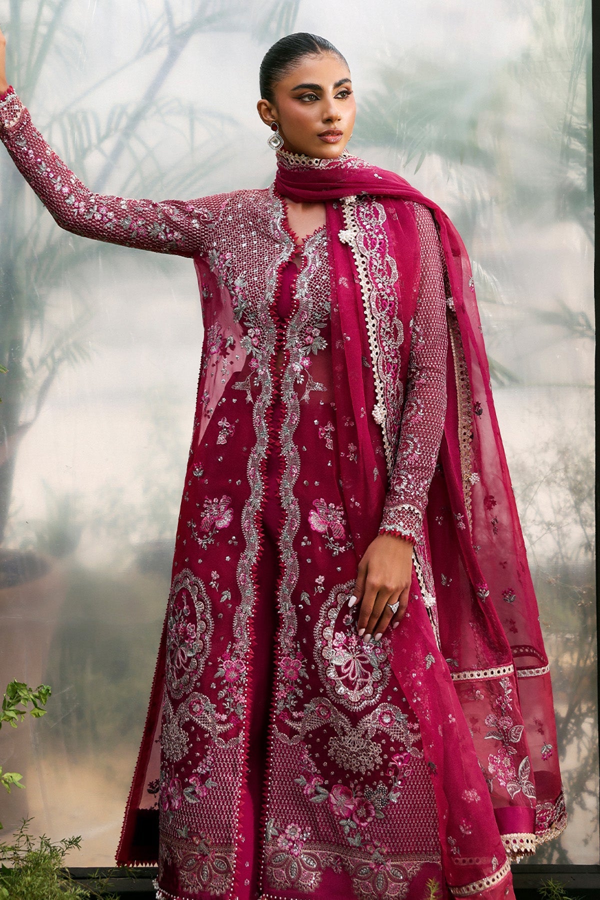 Women Wearing Rowan Pink Front Open Shirt With Sharara  For Festive Events - Pakistani Designer Wear For Women In Uk | Kifat