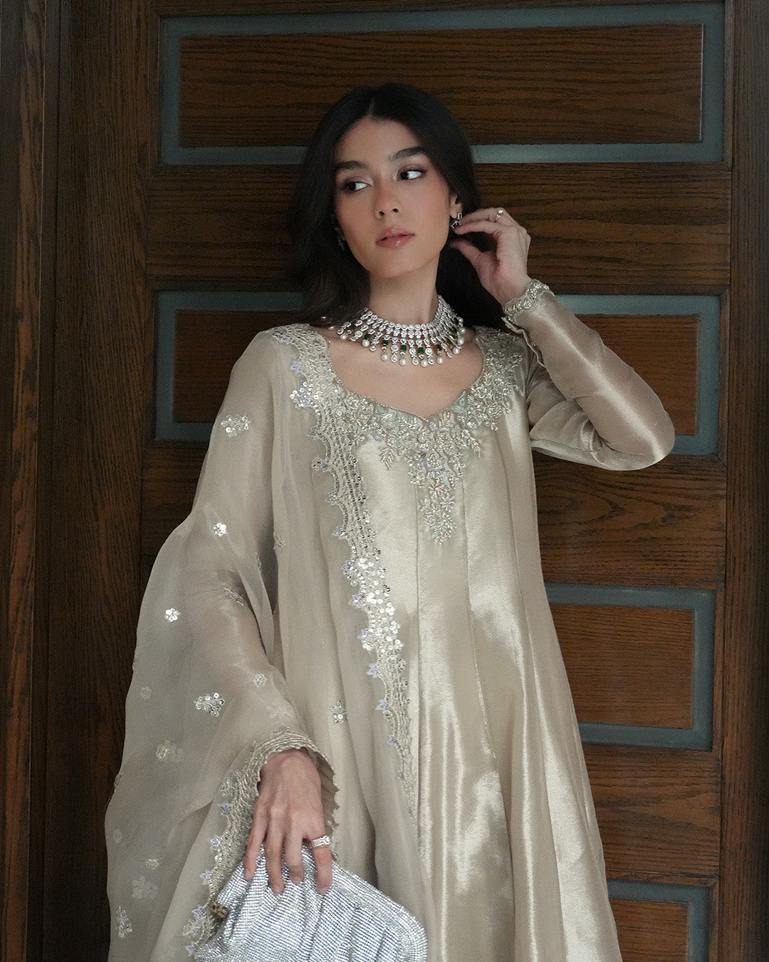 Model Wearing Faiza Saqlain Joella Ivory Gold Kalidaar for wedding wear - Pakistani Designer Wear for Women in UK | Kifat