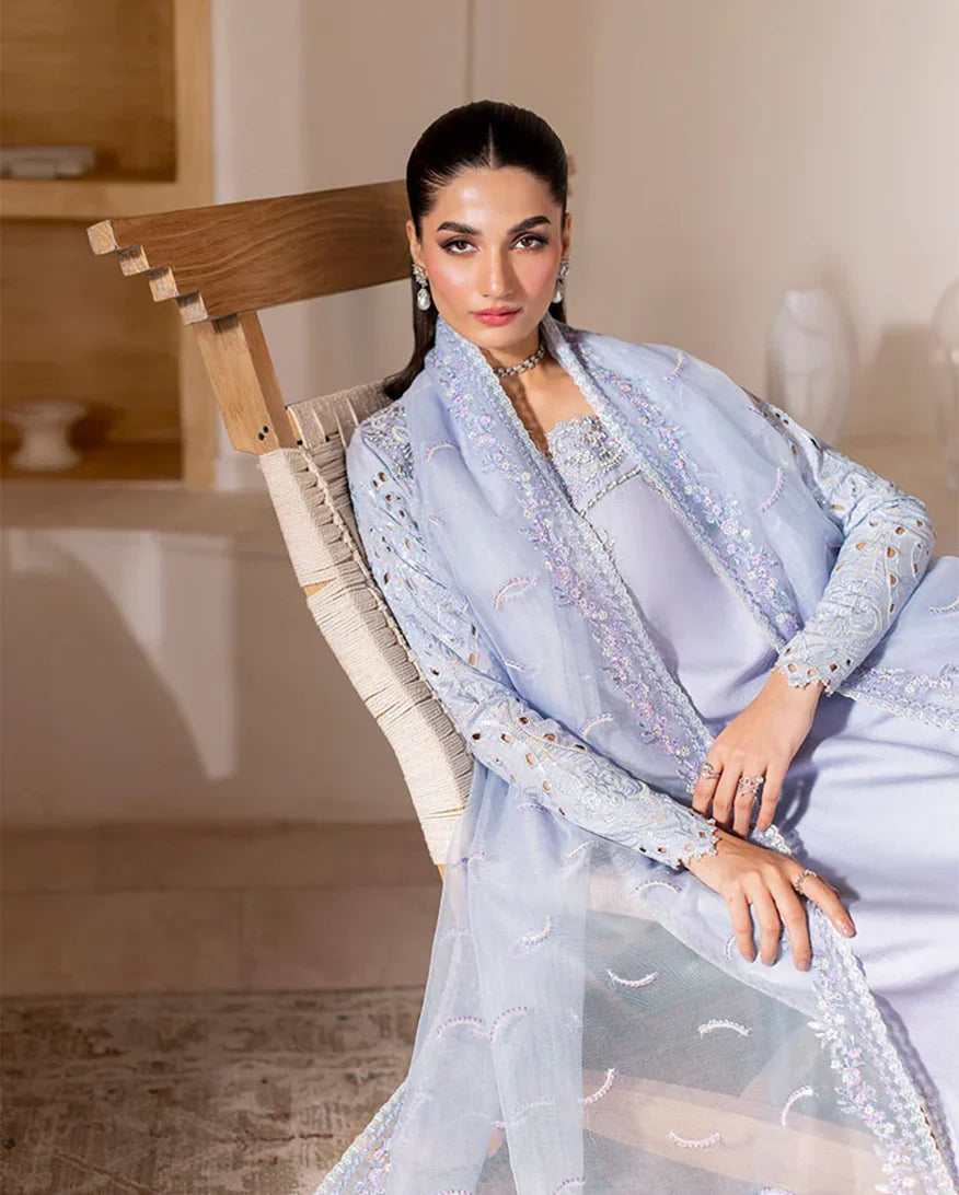 Women Wearing Verve Ice Blue Long Shirt for Luxury Events - Pakistani Designer Wear for Women in UK | Kifat