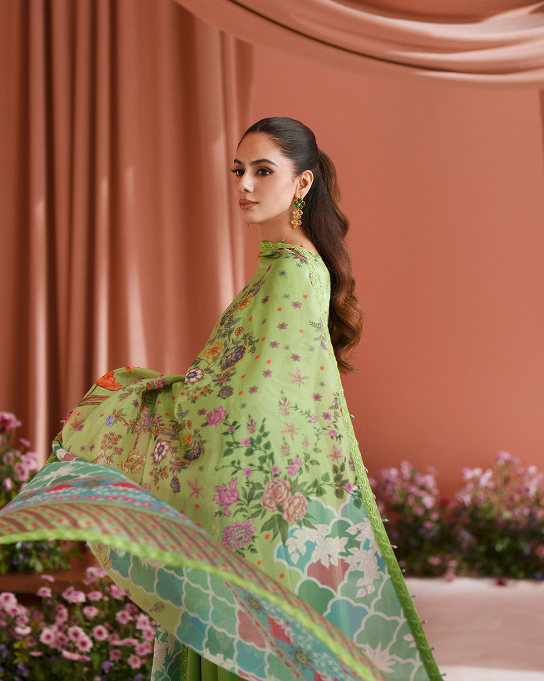 Women Wearing Gomana Pear Green Shirt with Culottes for Luxury Events - Pakistani Designer Wear for Women in UK | Kifat