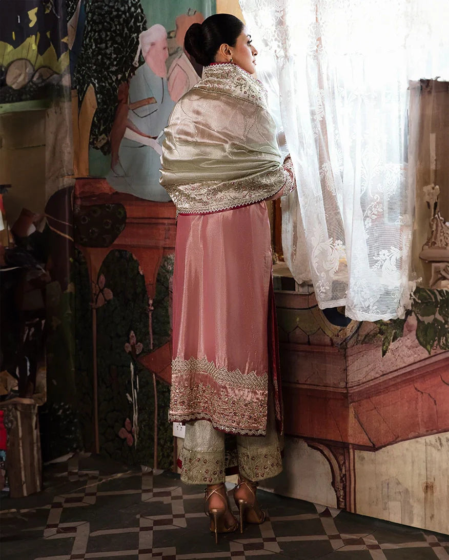 Women Wearing Lamia Pink Silver Long Shirt for Formal Events - Pakistani Designer Wear for Women in UK | Kifat