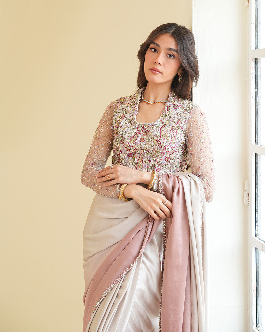 Model Wearing Faiza Saqlain Zoia Ombre Pink Saree for wedding wear - Pakistani Designer Wear for Women in UK | Kifat