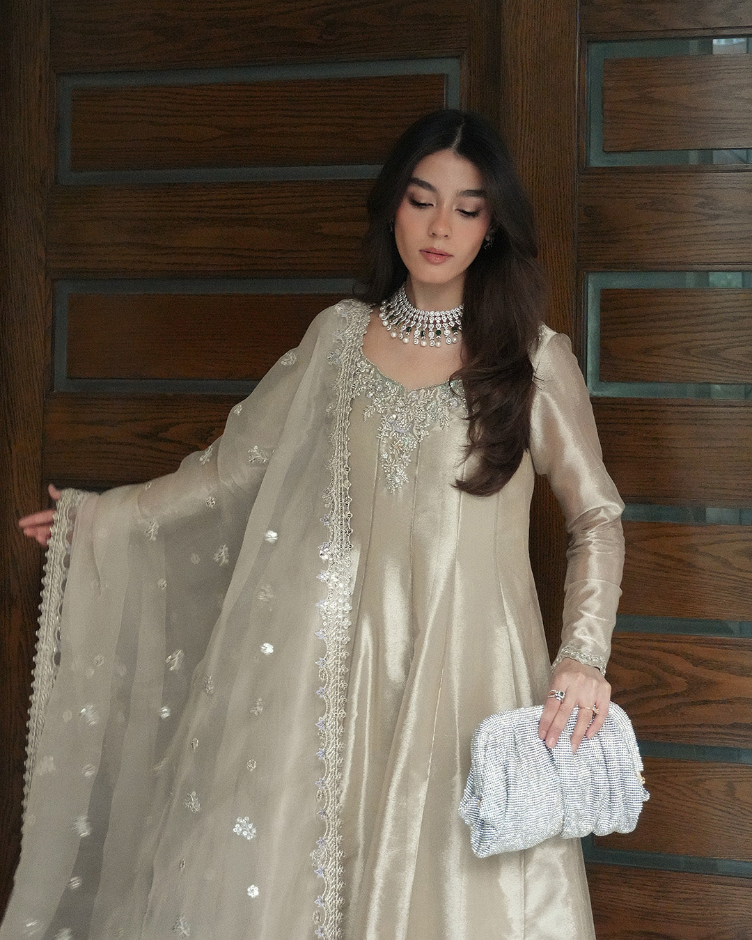 Model Wearing Faiza Saqlain Joella Ivory Gold Kalidaar for wedding wear - Pakistani Designer Wear for Women in UK | Kifat