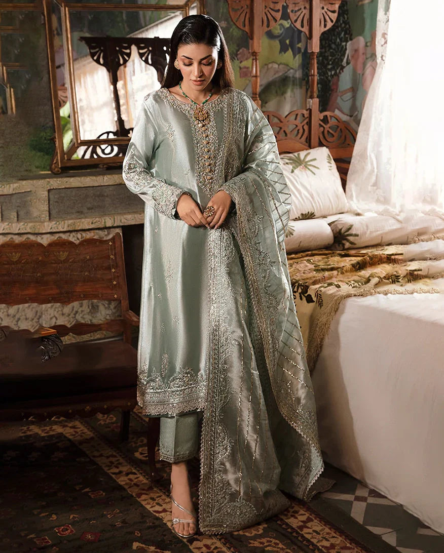 Women Wearing Heer Sea Green Silver Long Shirt for Formal Events - Pakistani Designer Wear for Women in UK | Kifat