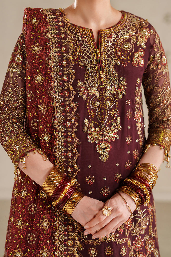 Baroque CH14-07 Dark Maroon Sleek Long Shirt with Culotte Trouser,Mid-Calf Length Shirt with Sharara for Formal Events - Pakistani Designer Wear for Women in UK | Kifat
