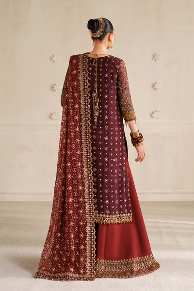 Baroque CH14-07 Dark Maroon Sleek Long Shirt with Culotte Trouser,Mid-Calf Length Shirt with Sharara for Formal Events - Pakistani Designer Wear for Women in UK | Kifat