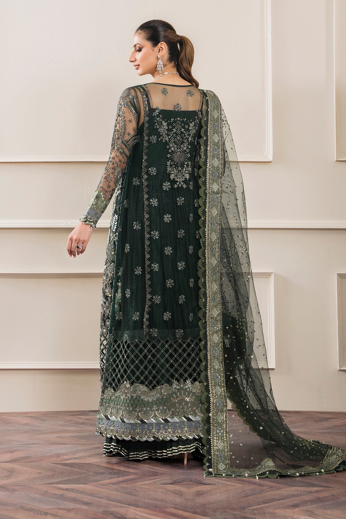 Baroque CH12-05 Green Long Shirt with Sharara,Slit Shirt with Crushed Sharara for Formal Events - Pakistani Designer Wear for Women in UK | Kifat