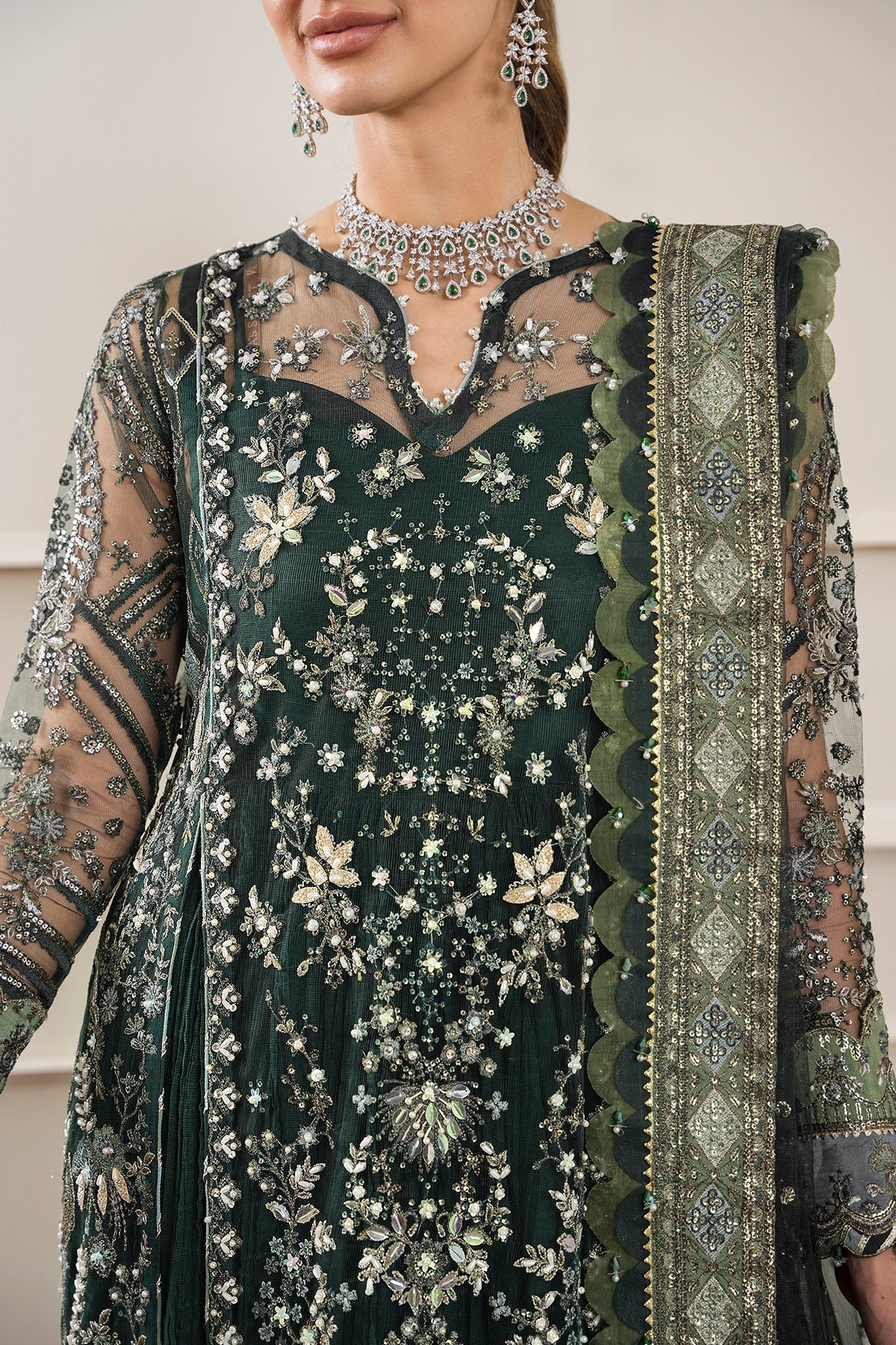 Baroque CH12-05 Green Long Shirt with Sharara,Slit Shirt with Crushed Sharara for Formal Events - Pakistani Designer Wear for Women in UK | Kifat