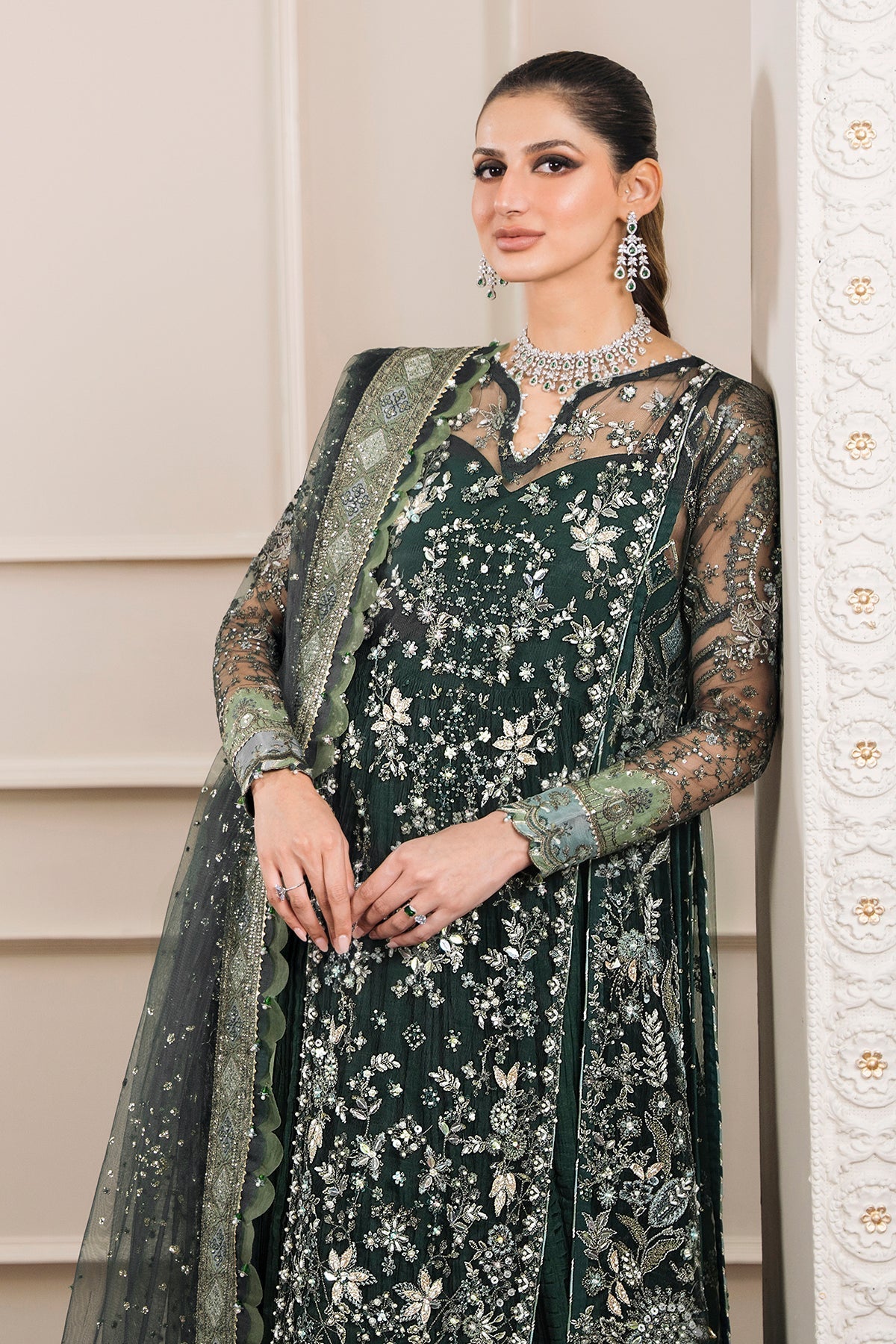 Baroque CH12-05 Green Long Shirt with Sharara,Slit Shirt with Crushed Sharara for Formal Events - Pakistani Designer Wear for Women in UK | Kifat