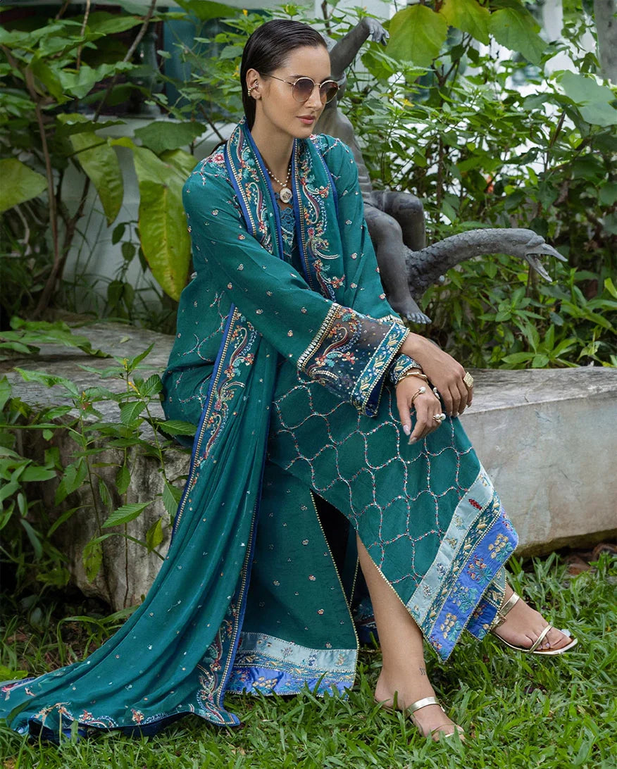 Women Wearing Valene Teal Blue Long Shirt for Festive Events - Pakistani Designer Wear for Women in UK | Kifat
