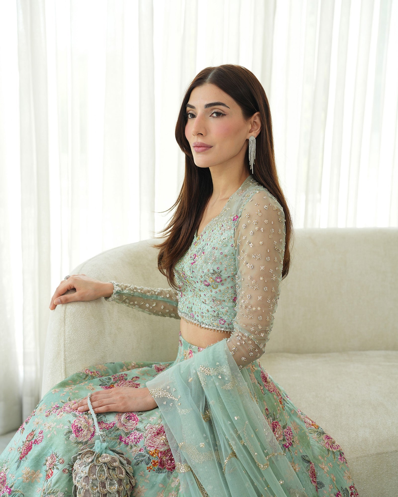 Model Wearing Faiza Saqlain Rosabelle Sea Green Lehnga Choli for wedding wear - Pakistani Designer Wear for Women in UK | Kifat