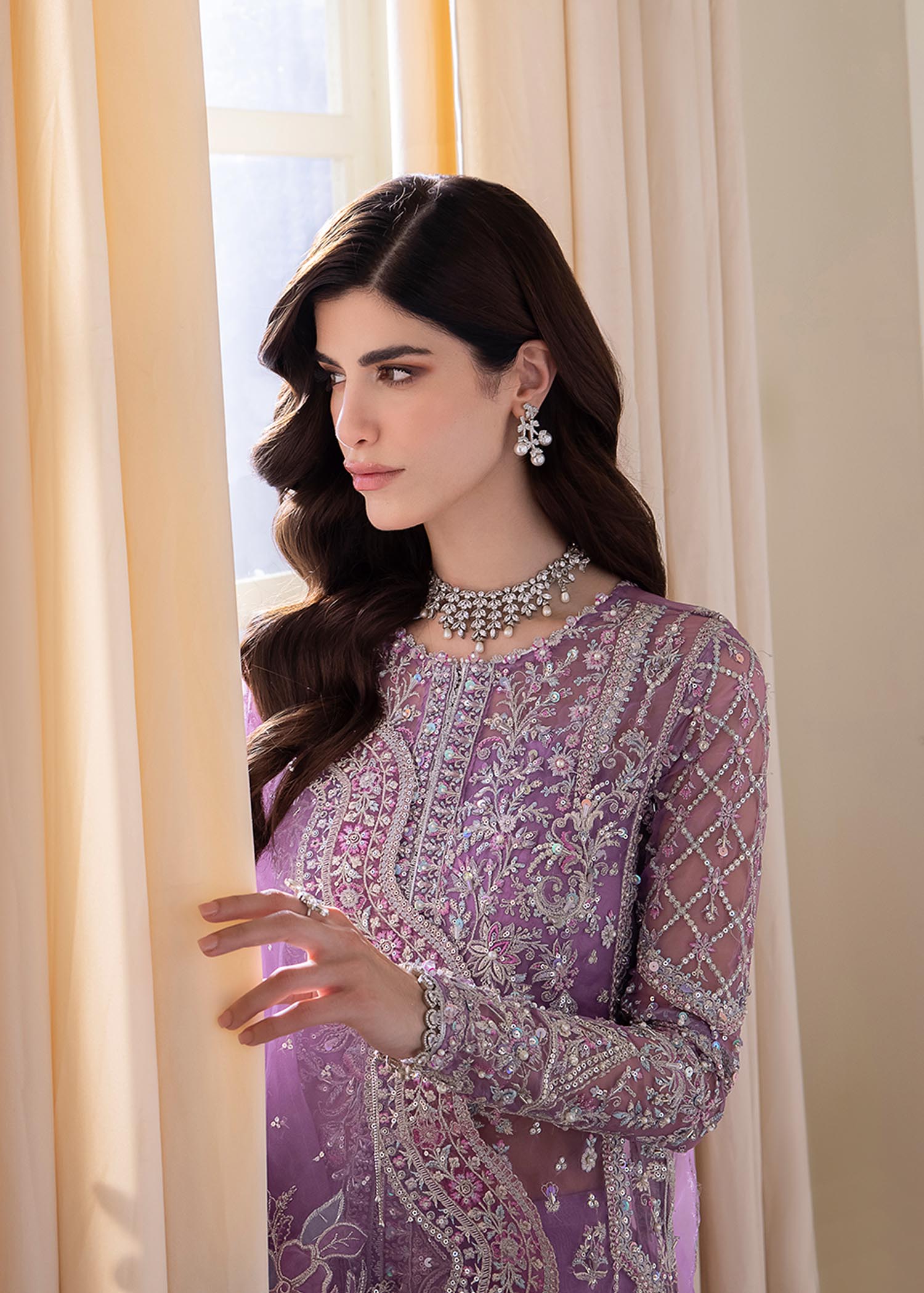 Kanwal Malik Lilac front open organza gown with flared Pants for Luxury Wedding wear - Pakistani Designer Wear for Women in UK | Kifat