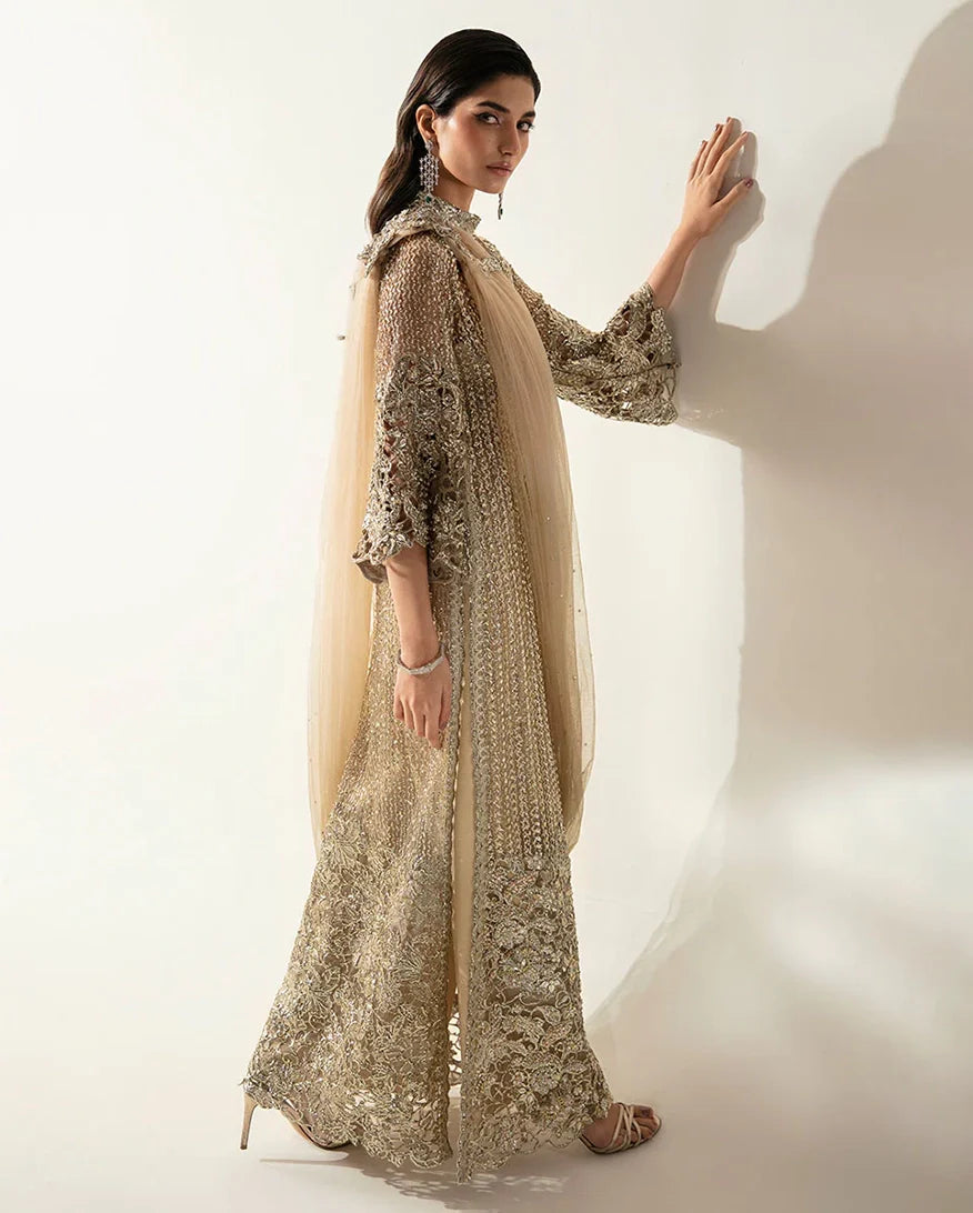 Women Wearing Eve Pale Gold Long Shirt for Festive Events - Pakistani Designer Wear for Women in UK | Kifat